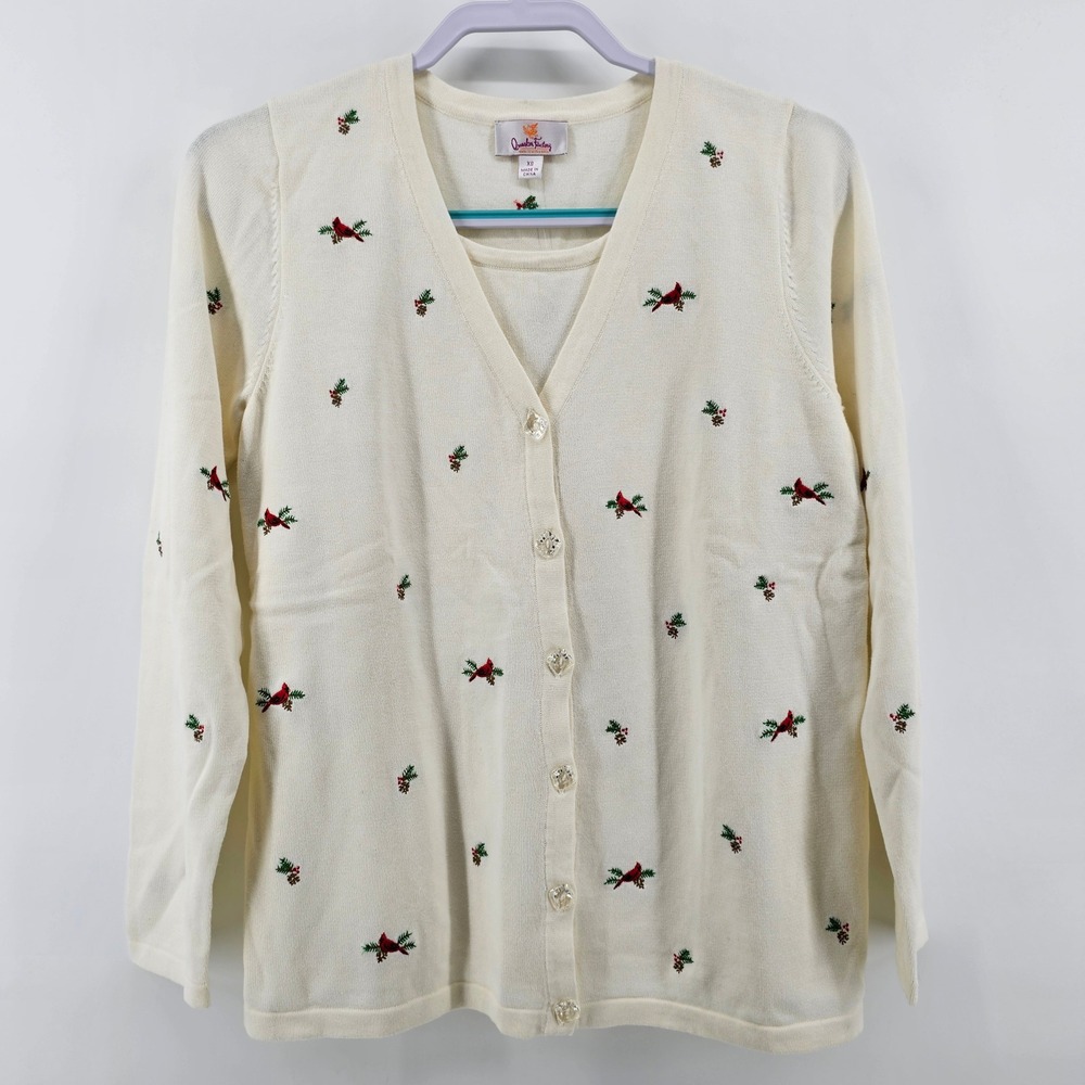 Quacker Factory Cardigan Womens XS Ivory Cardinal Cotton Sweater